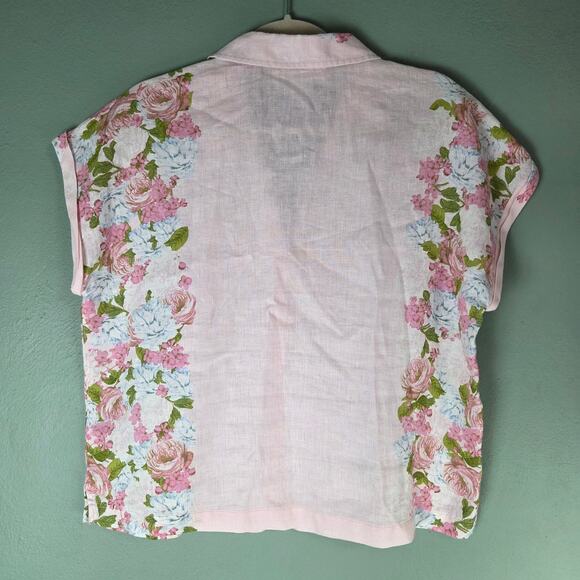 C&C California Womens Pink Floral Linen Button Up V-Neck Top Size Medium - Picture 2 of 5